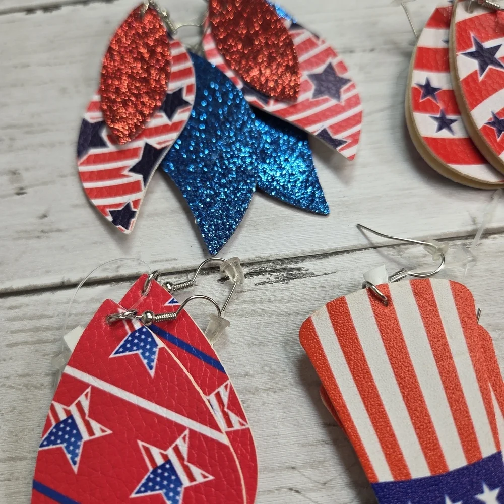 Colorful Patriotic Earrings Set Ten Pieces Glitter Red White Blue Americana